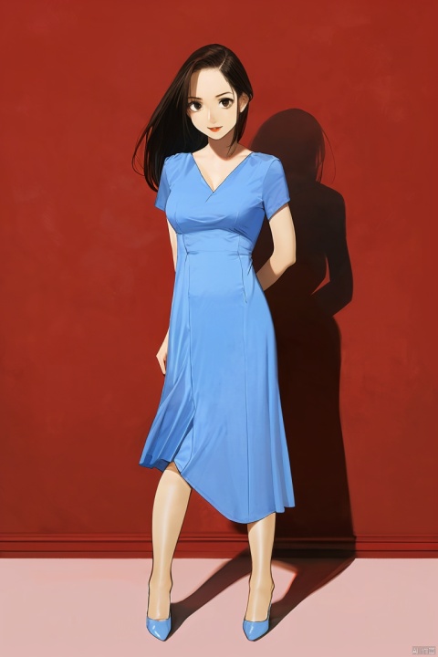  1girl, by yomu,amazing quality,photorealistic,detailed,beautiful color,beautiful,solo, long hair, breasts, looking at viewer, black hair, dress, standing, full body, short sleeves, lips, blue dress, shadow, short dress, white footwear, blue shirt, realistic, arms at sides