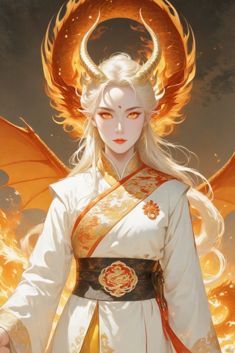  Female Oriental Dragon King, golden eyes, long ears, long golden beard, supernatural energy, chest emblem, brown and yellow horns, white and blonde hair, fire element coat, monkren
