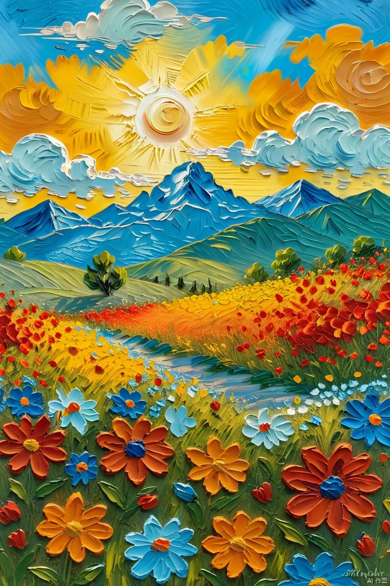 Impressionism fine art impasto on canvas by Van Gogh. Blissful sunset hues. flower, outdoors, sky, day, cloud, blue sky, no humans, traditional media, grass, red flower, scenery, mountain, sun, field, orange flower,airbrush painting. Atmospheric, moody, rustic.