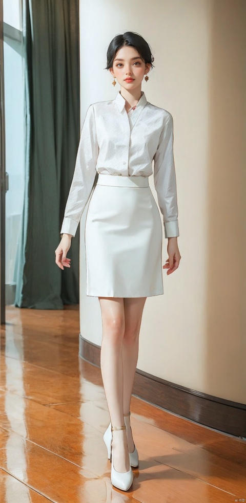 1girl, solo, looking at viewer, short hair, skirt, shirt, black hair, long sleeves, jewelry, standing, full body, earrings, indoors, high heels, black shirt, white footwear, white skirt, long skirt, wooden floor