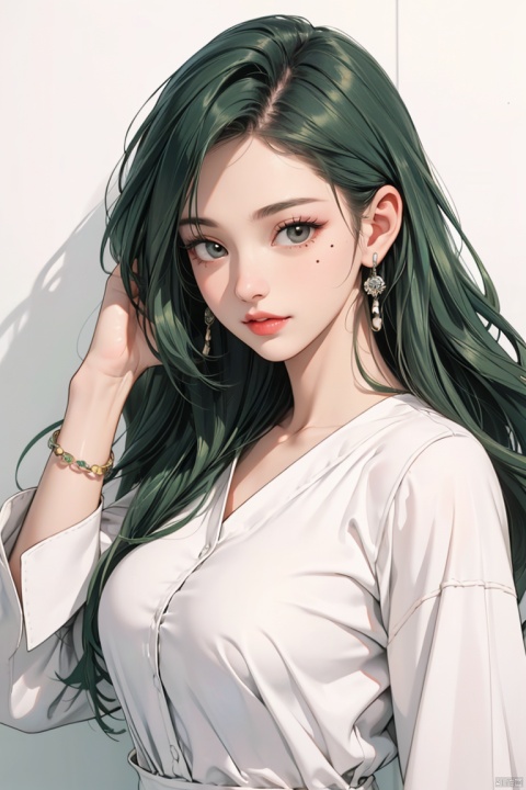  1girl, solo, long green hair, looking at viewer, jewelry, white shirt, upper body, earrings, artist name, mole, bracelet, lips, mole under eye, watermark, adjusting hair, hair behind ear, hair tucking