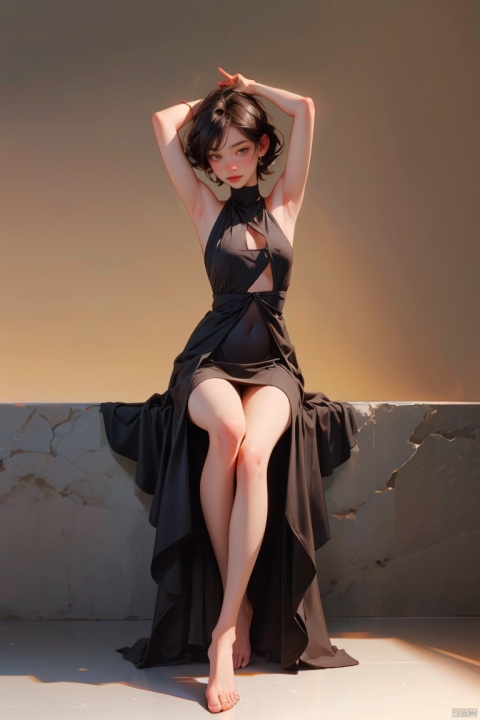 1girl, solo, breasts, looking at viewer, blush, short hair, bangs, large breasts, black hair, dress, bare shoulders, brown eyes, sitting, closed mouth, full body, barefoot, sleeveless, armpits, mole, black dress, arms up, covered nipples, sideboob, covered navel, arms behind head, sideless outfit