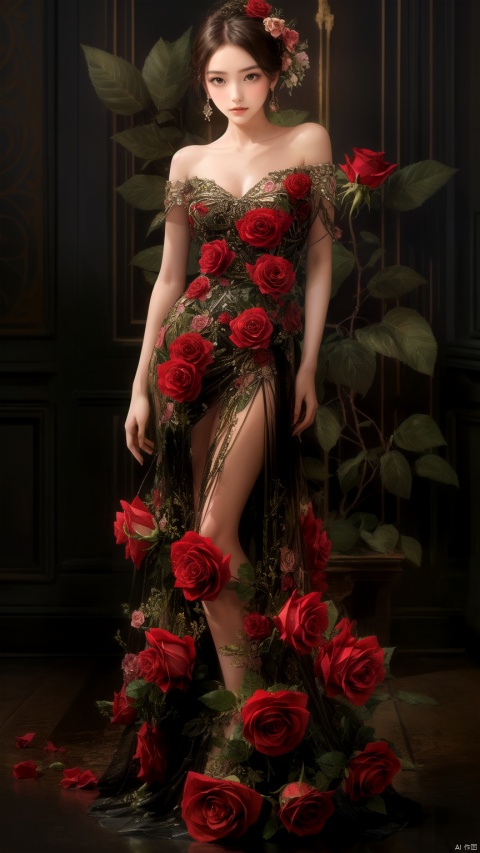 1girl, solo, dress, bare shoulders, collarbone, flower, rose, bug, red flower, red rose,

(in style of Alexander McQueen:1.1), beautiful details


(masterpiece,best quality:1.4),
