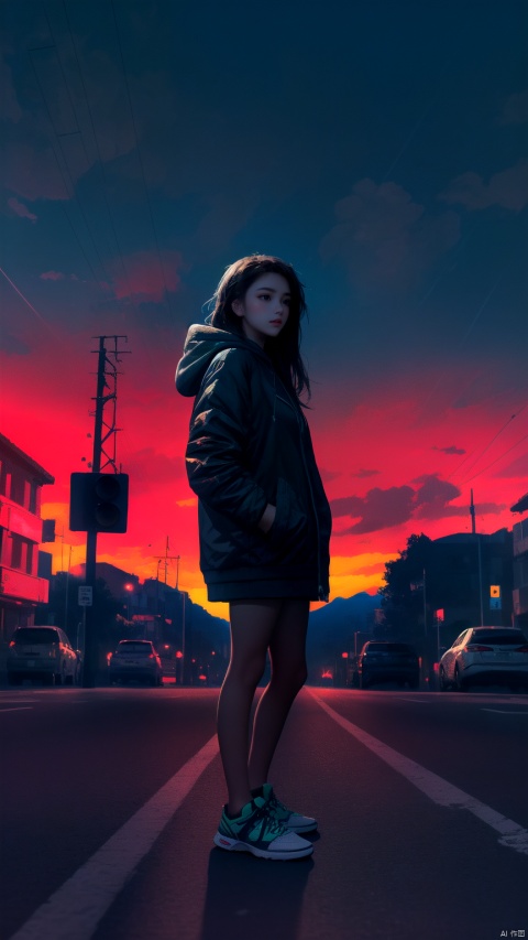 1girl, solo, long hair, looking at viewer, standing, outdoors, sky, shoes, cloud, hood, cloudy sky, ground vehicle, sneakers, sunset, hands in pockets, road, power lines, utility pole, evening, traffic light, crosswalk,

(in style of Alena Aenami:1.4), beautiful details


(masterpiece,best quality:1.4),
