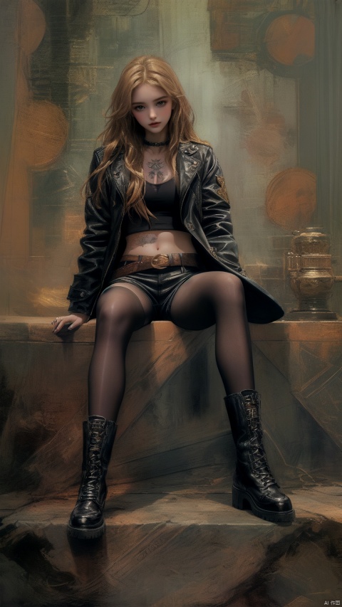 1girl, solo, long hair, looking at viewer, blonde hair, brown hair, navel, sitting, jacket, full body, pantyhose, boots, open clothes, shorts, midriff, belt, black footwear, coat, black jacket, crop top, tattoo, 

(in style of Aleksi Briclot:1.4), beautiful details


(masterpiece,best quality:1.4),
