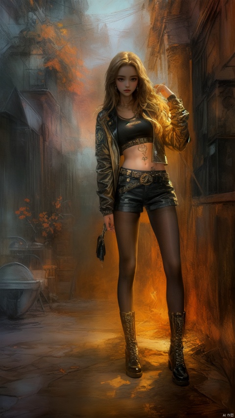 1girl, solo, long hair, looking at viewer, blonde hair, brown hair, navel, sitting, jacket, full body, pantyhose, boots, open clothes, shorts, midriff, belt, black footwear, coat, black jacket, crop top, tattoo, 

(in style of Aleksi Briclot:1.4), beautiful details


(masterpiece,best quality:1.4),
