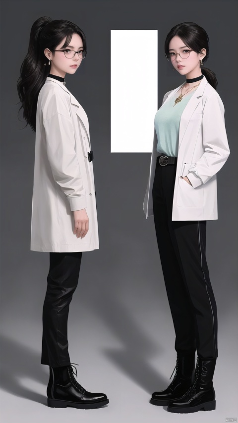 long hair, looking at viewer, multiple girls, simple background, shirt, black hair, holding, 2girls, jewelry, standing, full body, white shirt, ponytail, earrings, boots, glasses, choker, belt, pants, necklace, black footwear, coat, black pants, hands in pockets, labcoat,

(in style of Artgerm:1.1),beautiful details,4K,
(character concept art:1.2),front side back three views,
(masterpiece,best quality:1.4),

