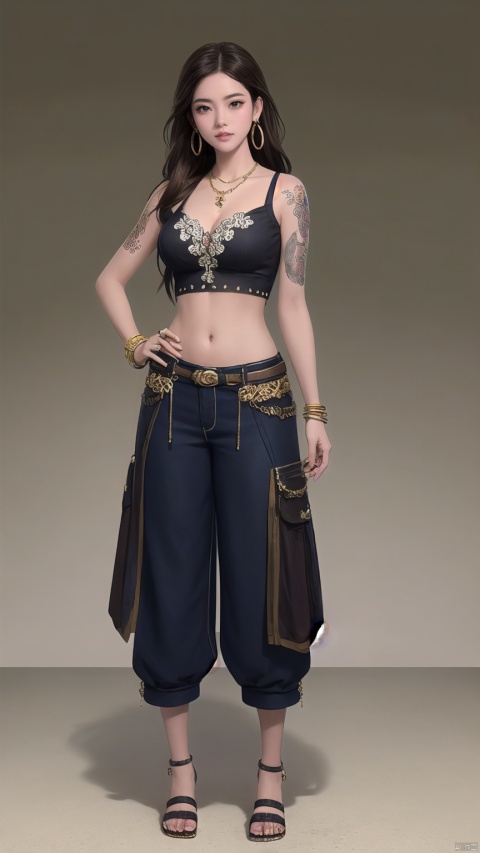 1girl, solo, long hair, breasts, looking at viewer, brown hair, navel, cleavage, jewelry, medium breasts, standing, full body, earrings, midriff, pants, necklace, bracelet, lips, crop top, tattoo, sandals, hoop earrings, realistic,

(in style of Artgerm),beautiful details,4K,
(character concept art:1.2),front side back three views,
(masterpiece,best quality:1.4),

