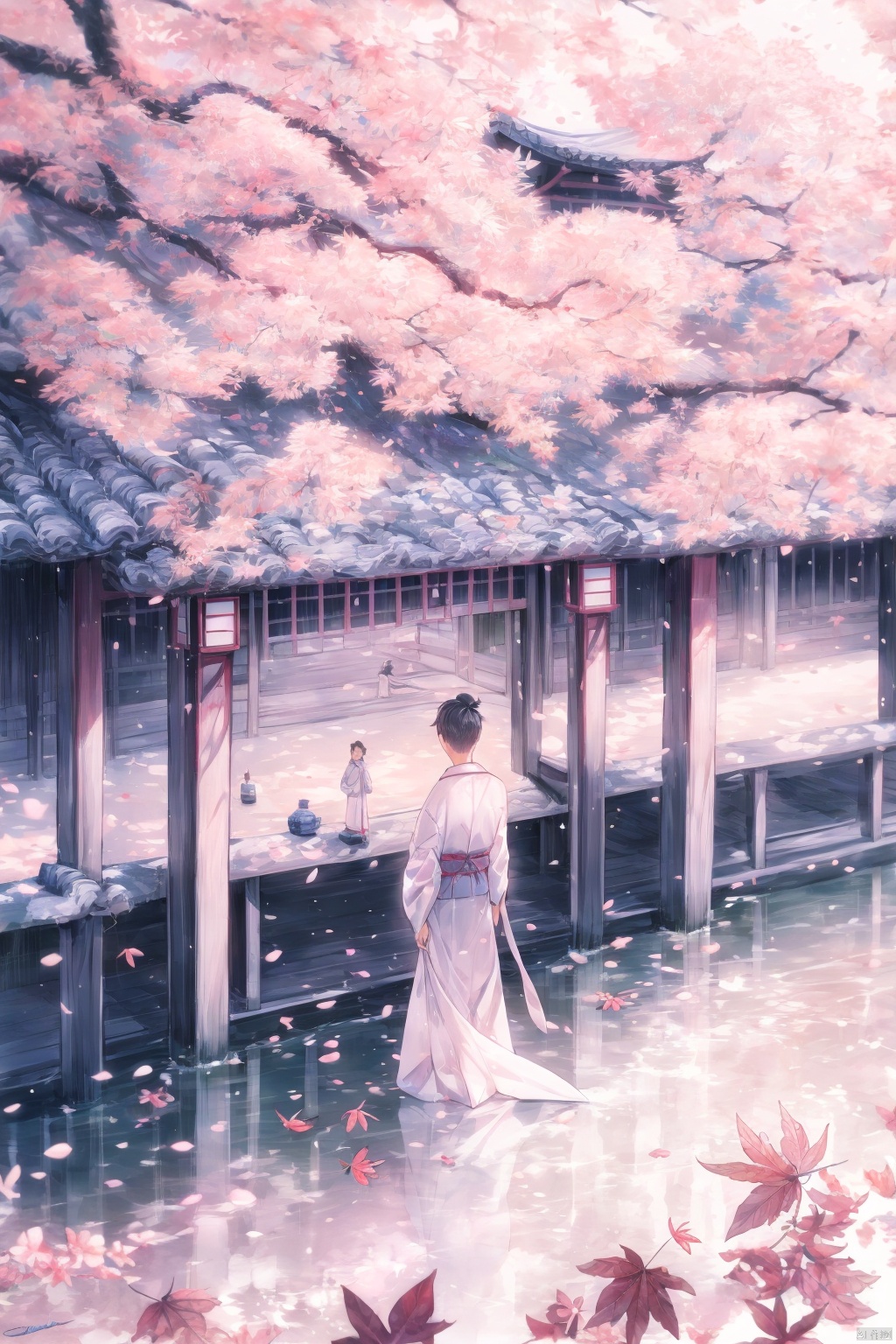  TT, solo, japanese clothes, petals, cherry blossoms, 1boy, standing, tree, signature, kimono, hair bun, male focus, scenery, architecture, east asian architecture, single hair bun, black hair, from behind, outdoors, autumn leaves, facing away, indoors