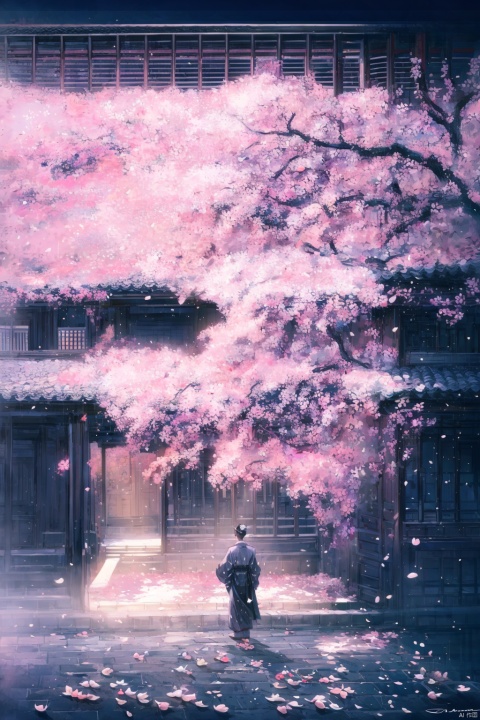  TT, solo, japanese clothes, petals, cherry blossoms, 1boy, standing, tree, signature, kimono, hair bun, male focus, scenery, architecture, east asian architecture, single hair bun, black hair, from behind, outdoors, autumn leaves, facing away, indoors