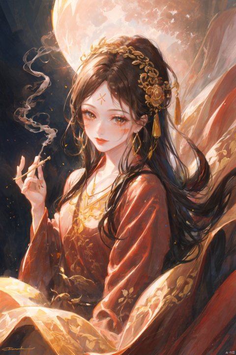 TT, 1girl, jewelry, solo, necklace, moon, chinese clothes, hanfu, hair ornament, earrings, holding, red lips, forehead mark, brown eyes, looking at viewer, black hair, long sleeves, facial mark, upper body, cloud, smoke, dress, red dress, realistic, makeup, brown hair
