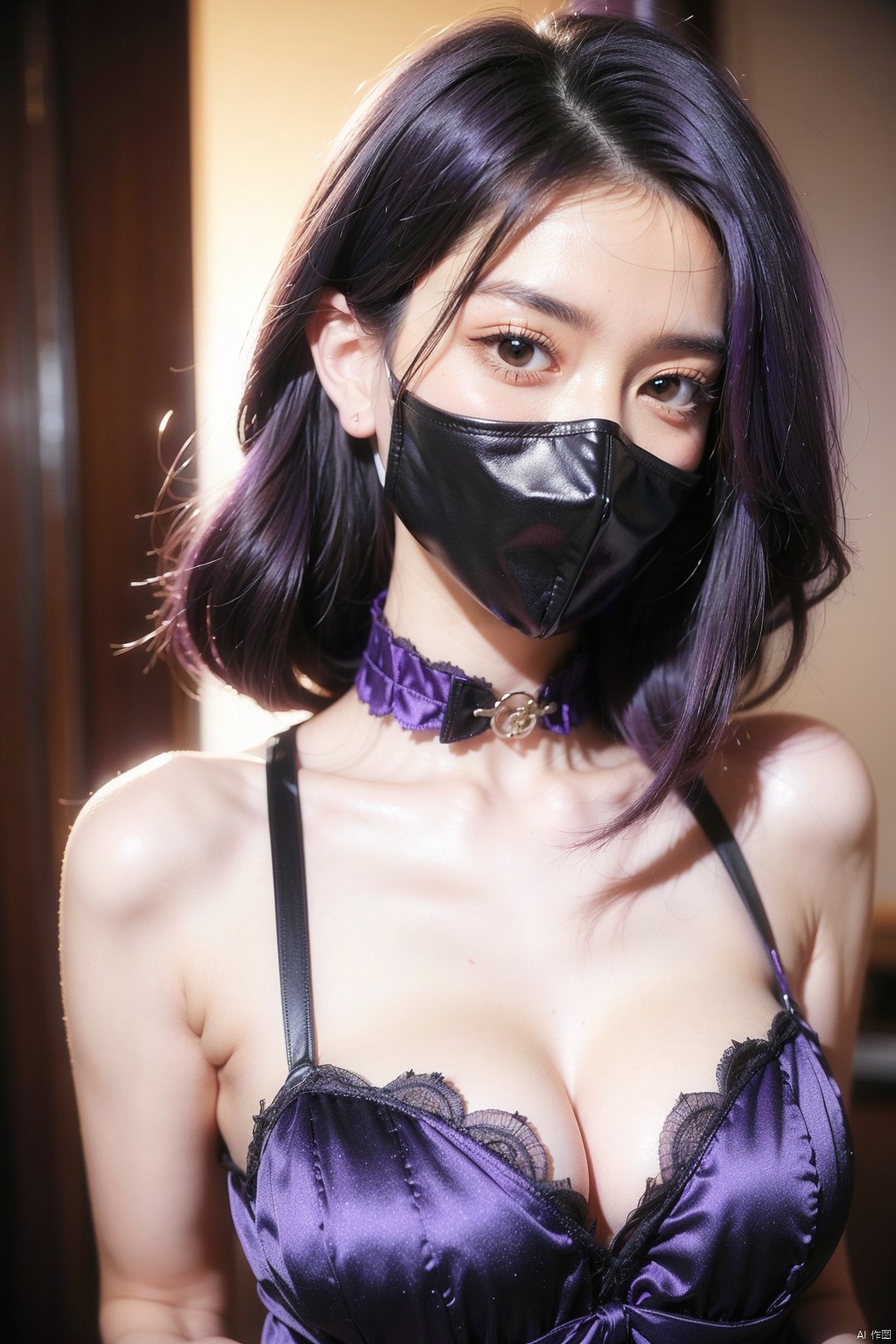  TT,1girl, solo,big breasts,realistic,breasts,big breasts,(mouth mask:1.3),high collar,{(high collar formal_dress,high collar evening_gown),(purple hair:1.5),(purple eyes:1.2)},(purple contact lenses:1.2),bare_shoulders,cinematic lighting, depth of field, Fujifilm, (film grain),Fujicolor,glowing light,