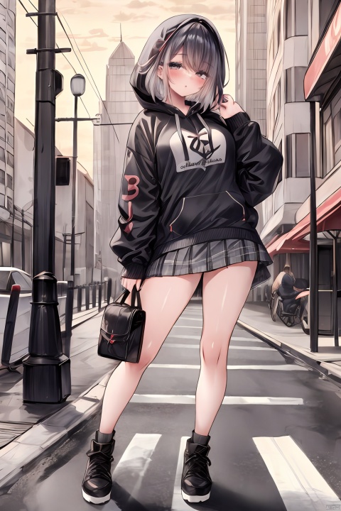  TT,mbl,1girl,in the street,modern city,hoodie,skirt,mlb