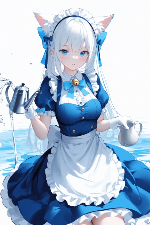  masterpiece,best quality,high quality,(colorful),[Artist miwano rag],[Artist chen bin],[Artist wlop:1], Artist kinty, 1girl, solo, dress, animal ears, blue eyes, apron, pouring, gloves, long hair, white background, blue dress, blush, looking at viewer, white gloves, bell, frills, short sleeves, cat ears, bow, simple background, animal ear fluff, maid, puffy sleeves, teapot, white hair, holding, white apron, breasts, holding teapot, puffy short sleeves, maid headdress, medium breasts, frilled apron, water, blue bow, maid apron, parted lips, closed mouth, jingle bell, frilled dress, hair bow, watering can, collared dress, TT