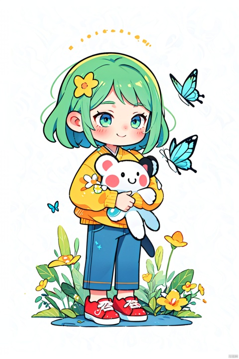  tongxin,flower,solo,smile,stuffed toy,bug,1girl,green hair,red footwear,pants,stuffed animal,white background,holding,holding stuffed toy,blush,child,butterfly,shirt,standing,animal,long sleeves,
