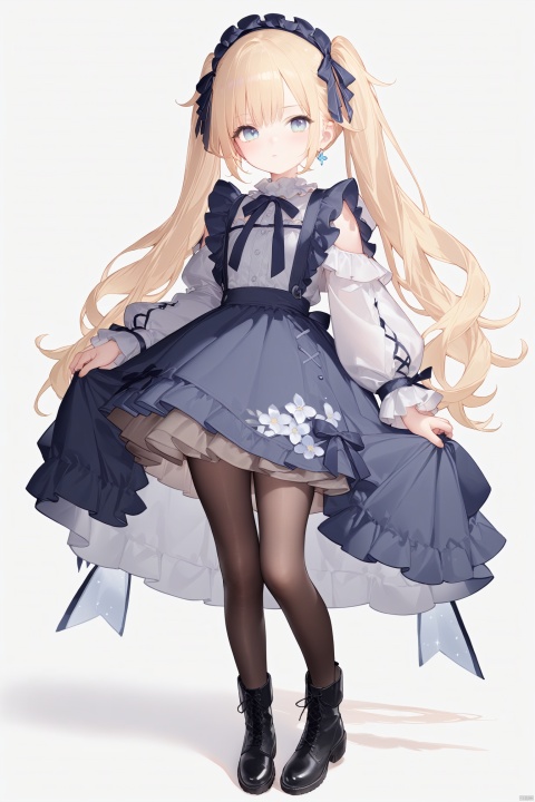 (best quality), ((masterpiece)), (highres), illustration, original, extremely detailed,1girl, solo, blue eyes, twintails, white background, blonde hair, simple background, shorts, full body, long sleeves, standing, black shorts, boots, frills, frilled sleeves, floral print, ribbon, looking at viewer, bangs, black footwear, pantyhose, puffy long sleeves, puffy sleeves, TT