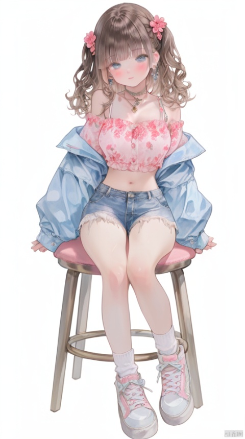 (best quality), ((masterpiece)), (highres), illustration, original, extremely detailed,1girl, solo, shorts, jewelry, off shoulder, blush, sitting, white background, necklace, blue eyes, bangs, brown hair, looking at viewer, socks, simple background, earrings, denim, shoes, denim shorts, white socks, full body, jacket, long hair, midriff, hair ornament, navel, shirt, hair flower, crop top, short shorts, stool, flower, two side up, bare shoulders, sneakers, choker, pink shirt, blunt bangs, blue jacket, curly hair, TT