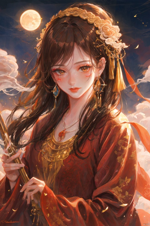 TT, 1girl, jewelry, solo, necklace, moon, chinese clothes, hanfu, hair ornament, earrings, holding, red lips, forehead mark, brown eyes, looking at viewer, black hair, long sleeves, facial mark, upper body, cloud, smoke, dress, red dress, realistic, makeup, brown hair