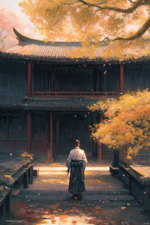 TT, solo, japanese clothes, petals, cherry blossoms, 1boy, standing, tree, signature, kimono, hair bun, male focus, scenery, architecture, east asian architecture, single hair bun, black hair, from behind, outdoors, autumn leaves, facing away, indoors