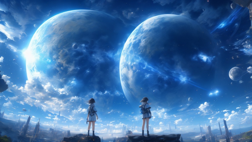 Official art, unified 8k wallpaper, ultra detailed, best quality, natural light, (masterpiece: 1.2),1girl,  moon, earth, (parallel time and space), multiverse,  ultra fine, epic scenes, blue sky, clouds, meteors, Shining light, panorama, illusion engine 5 rendering, future science fiction style, dream style, from below, (masterpiece), (best quality), masterpiece, best quality, masterpiece, best quality, official art, extremely detailed CG unity 8k wallpaper, wallpaper, original, universe, starry sky, , ,humpback,science fiction,Colorful portraits