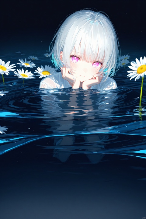  (masterpiece),(best quality),illustration,ultra detailed,hdr,Depth of field,(colorful),(chromatic aberration),(beautiful young female:1.4),(streaming tears),sad,(daisy),(daisy),(daisy),looking at viewer,partially submerged,both hands on own cheek,{see-through long shirt},{no bra},(white hair, short hair, bangs:1.2),(glowing eyes),ripples,dark water,black background,(prismatic), TT