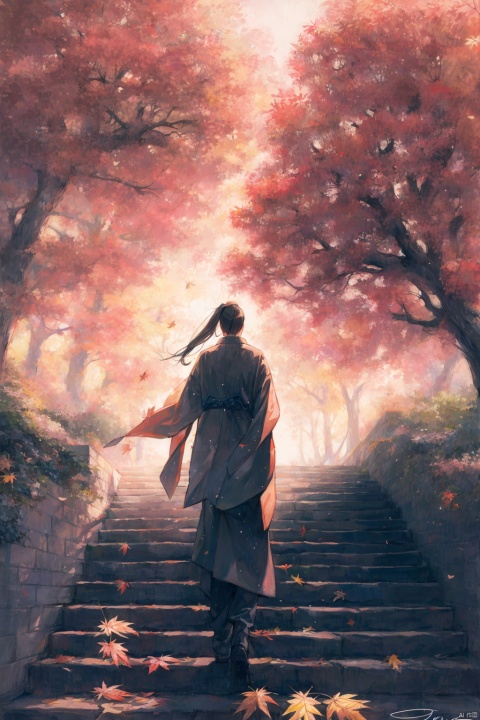  TT, outdoors, long hair, 1boy, standing, ponytail, tree, black hair, scenery, walking, day, signature, facing away, japanese clothes, from behind, wide shot, solo, stairs, leaf, sese0.3