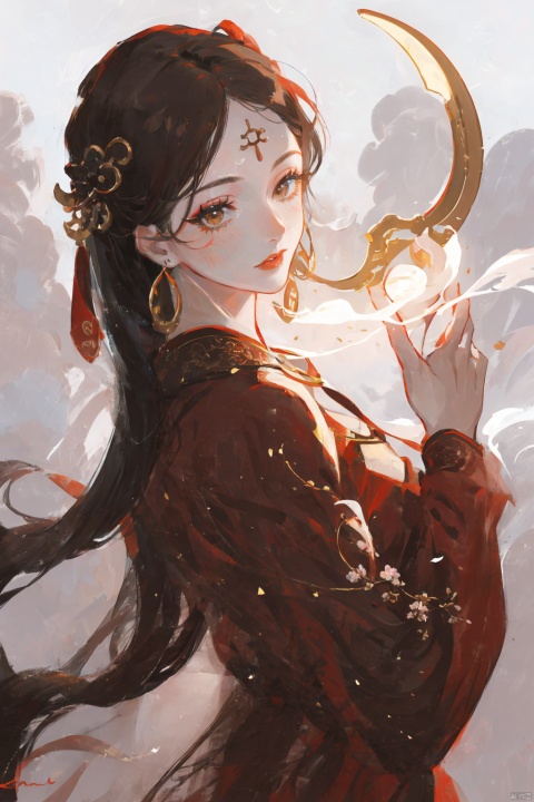  TT, 1girl, jewelry, solo, necklace, moon, chinese clothes, hanfu, hair ornament, earrings, holding, red lips, forehead mark, brown eyes, looking at viewer, black hair, long sleeves, facial mark, upper body, cloud, smoke, dress, red dress, realistic, makeup, brown hair, backlight