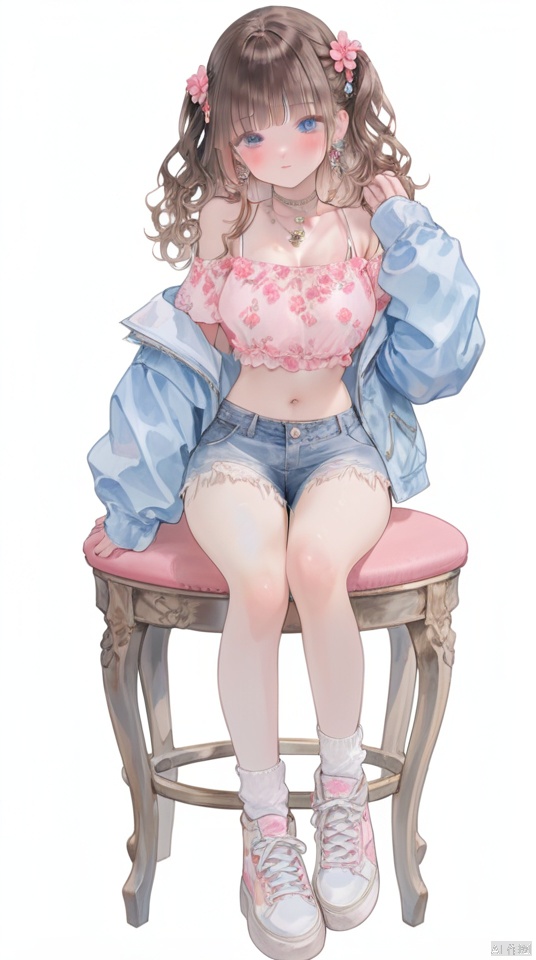 (best quality), ((masterpiece)), (highres), illustration, original, extremely detailed,1girl, solo, shorts, jewelry, off shoulder, blush, sitting, white background, necklace, blue eyes, bangs, brown hair, looking at viewer, socks, simple background, earrings, denim, shoes, denim shorts, white socks, full body, jacket, long hair, midriff, hair ornament, navel, shirt, hair flower, crop top, short shorts, stool, flower, two side up, bare shoulders, sneakers, choker, pink shirt, blunt bangs, blue jacket, curly hair, TT