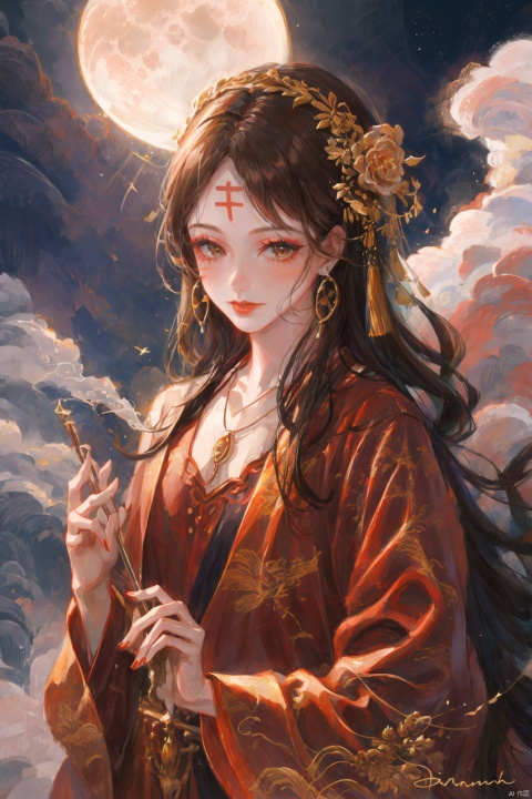 TT, 1girl, jewelry, solo, necklace, moon, chinese clothes, hanfu, hair ornament, earrings, holding, red lips, forehead mark, brown eyes, looking at viewer, black hair, long sleeves, facial mark, upper body, cloud, smoke, dress, red dress, realistic, makeup, brown hair