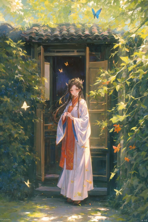 TT, 1girl, long hair, solo, hanfu, flower, chinese clothes, outdoors, tree, long sleeves, nature, butterfly, bird, bug, hair ornament, black hair, brown hair, full body, wide sleeves, sunlight