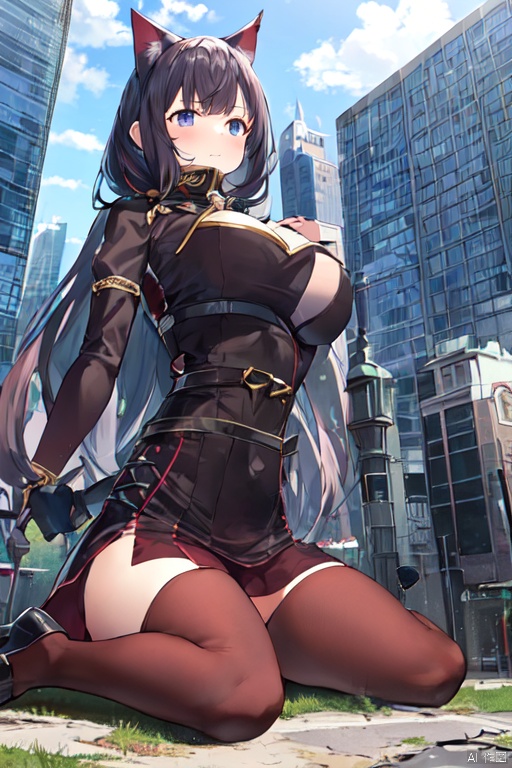  1girl，cat girl，wariza，loli,((((wariza:1.6)))),day,mountain:1.3,little city:1.4,continent, little skyscraper ,looming,full body ,extremely large,from below:1.7,larger than the skyscraper