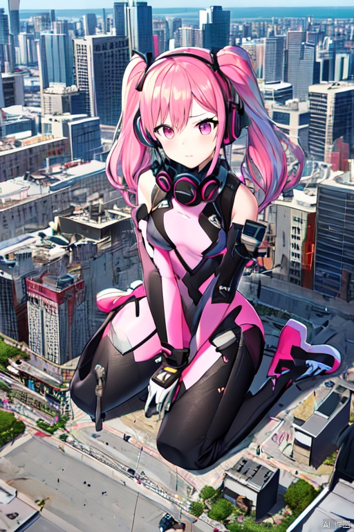  gts,1girl,day, city, cityscape,wariza, rampage:1.6,destruction:1.6,little skyscraper,little buildings ,looming,aerial view:1.3,full body
, 
 1girl,pink bodysuit:1.6,full body，pink hair，pink twintails，headphones，medium breasts，pink eyes，carring a gun