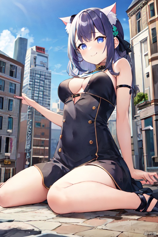  1girl,cat girl,wariza,oppai loli:1.5,loli:1.9,((((wariza:1.8)))),day,mountain:1.3,little city:1.4,continent, little skyscraper :1.4,looming,full body ,extremely large,from below:1.4,looking at the viewer,little smile,large breasts:1.4,sfw,dress