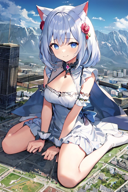  1girl,cat girl,wariza,oppai loli:1.4,loli:1.6,((((wariza:1.8)))),day,mountain:1.3,little city:1.4,continent, little skyscraper :1.4,looming,full body ,extremely large,from below:1.4,looking at the viewer,little smile,large breasts,sfw,dress