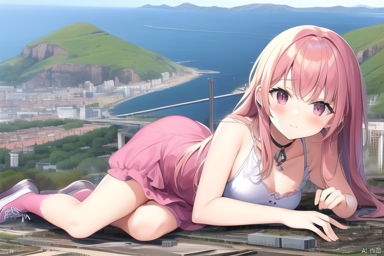 loli:2.7, oppai loli:2.0, giantess, city landscape, pink dress, little buildings, medium breasts, on silde, lying, lying on stomach:1.9,