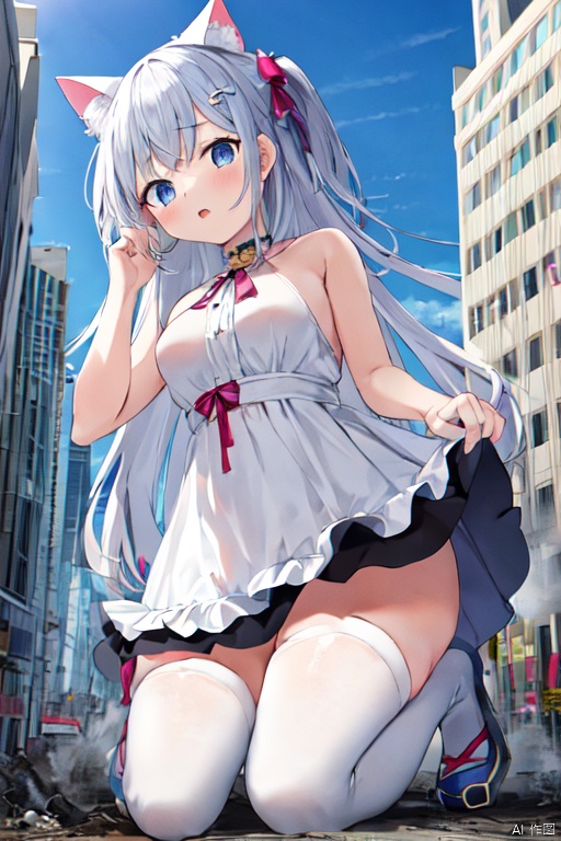  gts,1girl,oppai loli:1.3, cat ears,pink color frilled halter dress :1.4,giantess,big breasts:1.7, white thighhighs:1.7,day, city,cityscape,wariza,rampage:1.6,destruction:1.6,little skyscraper,little buildings ,looming,aerial view:1.3,full body
, loli:1.6,kawaii:1.6,from below