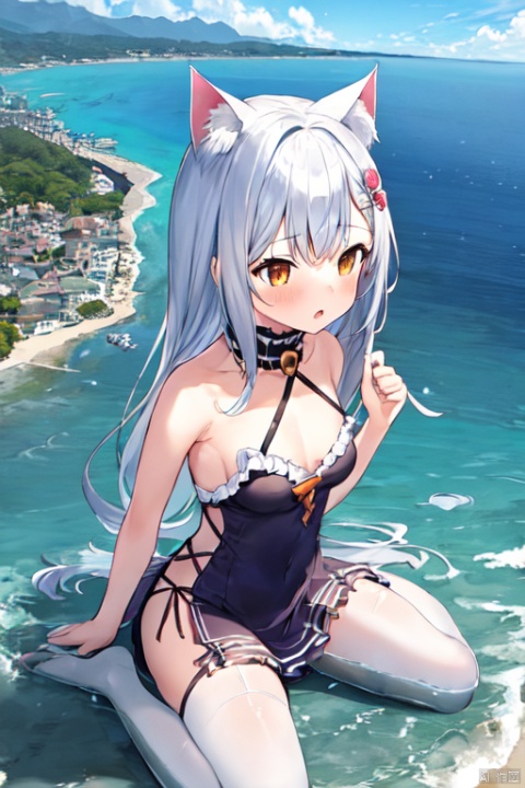  1girl,cat girl,oppai loli,{{orange color frilled halter dress,large breasts}},{white stockings},((wariza)),giantess,sea,island,small city,small skyscraper,small mountain,day,from below,extremely large,looming