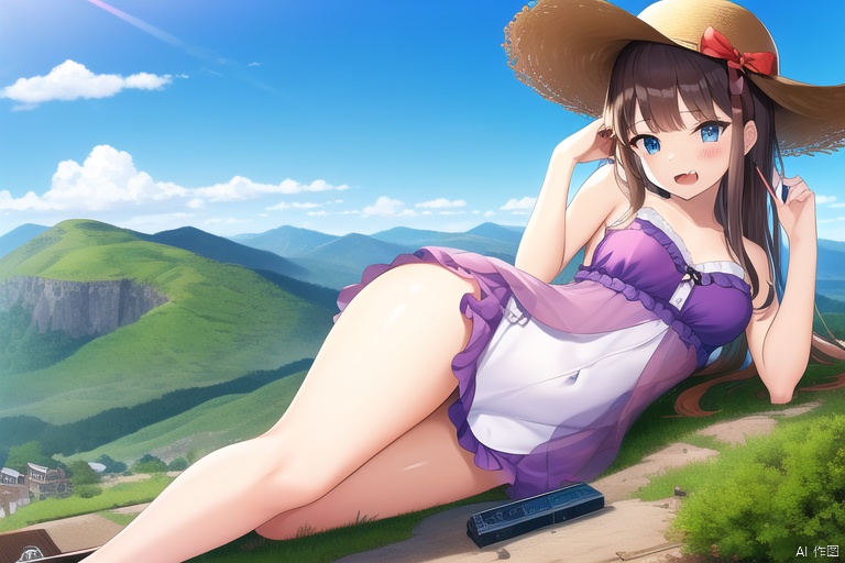 extremely detailed CG unity 8k wallpaper), (masterpiece), (best quality), (ultra-detailed), (best illustration), (best shadow), (sharp eyeliner, eyeshadow, detailed eyes:1.2), 1girl, solo, sea, lying, perfect hands, nice hands, perfect anatomy, (((detailed face))), looking at viewer, (((loli))), medium chest, red hair, long hair, blunt bangs, blue eyes, bare legs, thick thighs, pink dress, open mouth, fang, frilled dress, day, sunlight, eyewear on head, light smile, cloud, panama hat, (((GTS))), (((gigaGTS))), (((giantess))), aerial view, mountainscape, landscape,GTS,giantess, tall female,upper body:1.7, little buildings:1.7, little city:1.7