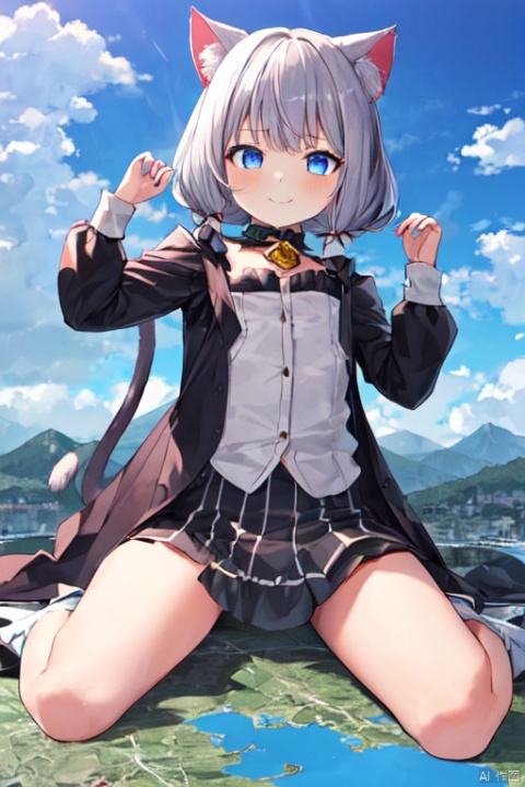  1girl,cat girl,wariza，loli,cute,((((wariza:1.8)))),day,mountain:1.3,little city:1.4,continent, little skyscraper :1.4,looming,full body ,extremely large,from below:1.4,looking at the viewer,little smile