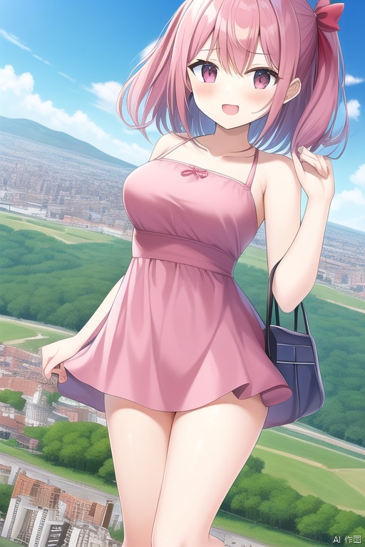 loli:2.7, oppai loli:2.0, giantess, city landscape, watiza, pink dress, little buildings, medium breasts