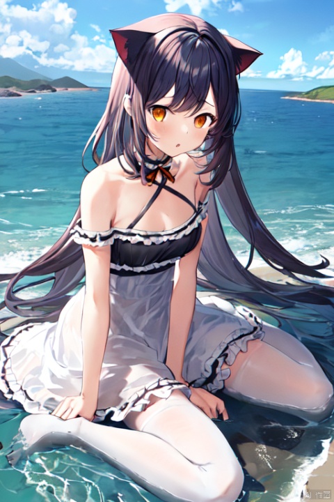  1girl,cat girl,oppai loli,{{orange color frilled halter dress,large breasts}},{white stockings},((wariza)),giantess,sea,island,small city:1.6,small skyscraper:1.6,small mountain,day,from below:1.6,extremely large,looming,full body