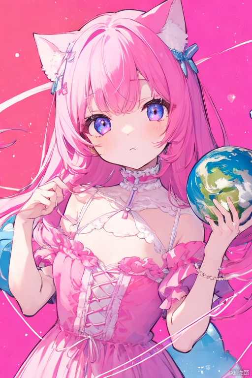  gts,1girl, cat ears,pink color frilled dress :1.4,giantess,space background,holding little earth,hands holding little earth,upper body ,looming,aerial view:1.3,
,oppai loli:1.4,kawaii,