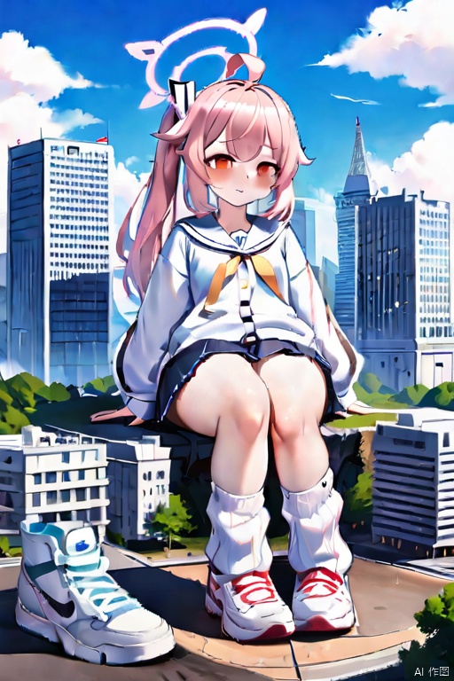 jvdaniang,sitting,stripe panty,loose socks,natsu-default, natsu \(blue archive\),red eyes,pink hair,side ponytail,ahoge,halo,sailor collar,white cardigan,pleated skirt,white shoes,thick thighs,mega size,cityscape, landscape, mountain, continent,skyscraper,tower,footprints