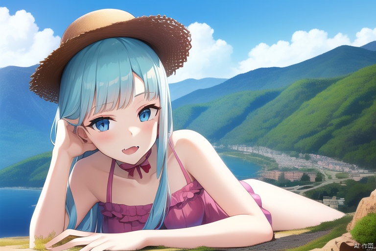 extremely detailed CG unity 8k wallpaper), (masterpiece), (best quality), (ultra-detailed), (best illustration), (best shadow), (sharp eyeliner, eyeshadow, detailed eyes:1.2), 1girl, solo, sea, lying, perfect hands, nice hands, perfect anatomy, (((detailed face))), looking at viewer, (((loli))), medium chest, red hair, long hair, blunt bangs, blue eyes, bare legs, thick thighs, pink dress, open mouth, fang, frilled dress, day, sunlight, eyewear on head, light smile, cloud, panama hat, (((GTS))), (((gigaGTS))), (((giantess))), aerial view, mountainscape, landscape,GTS,giantess, tall female,