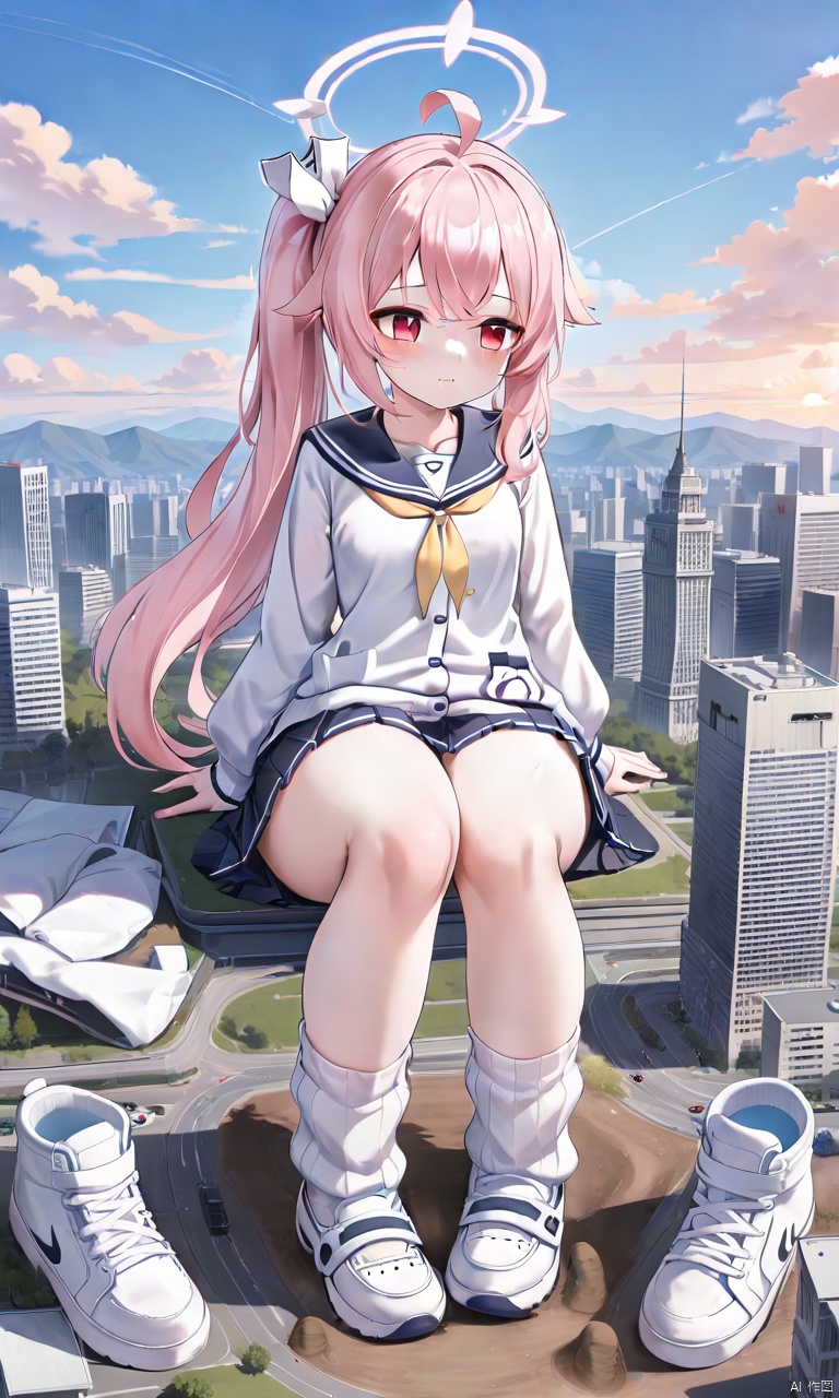  jvdaniang,sitting,stripe panty,loose socks,natsu-default, natsu \(blue archive\),red eyes,pink hair,side ponytail,ahoge,halo,sailor collar,white cardigan,pleated skirt,white shoes,thick thighs,mega size,cityscape, landscape, mountain, continent,skyscraper,tower,footprints