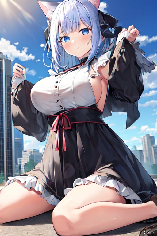  1girl,cat girl,wariza,oppai loli:1.8,loli:2.1,((((wariza:1.8)))),day,mountain:1.3,little city:1.4,continent, little skyscraper :1.4,looming,full body ,extremely large,from below:1.4,looking at the viewer,little smile,large breasts:1.4,sfw,dress