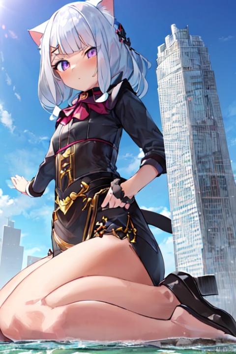  1girl，cat girl，wariza，loli,((((wariza:2.3)))),giantess,sea,island,small city,small skyscraper,small mountain,day,from below,extremely large,looming,larger than the buildings
