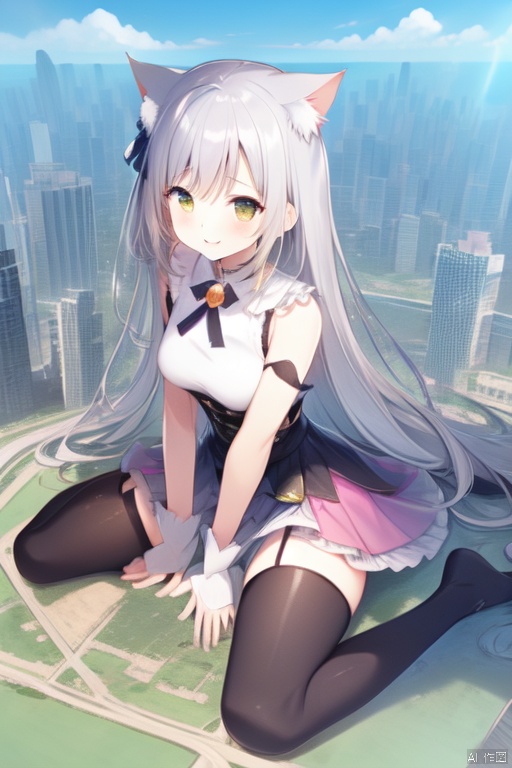  gigagts, wariza,1girl, cat ears,orange gotic lolita:1.45,large breasts,giantess,gigagts,black_thighhighs,city under legs,proving earth is flat,skyline,day,giantess,small city:1.2,oppai loli,small buildings:1.3,many super tiny buildings:1.2,glowing green light,eval smile
,horizon,wariza,loli,kawaii,
