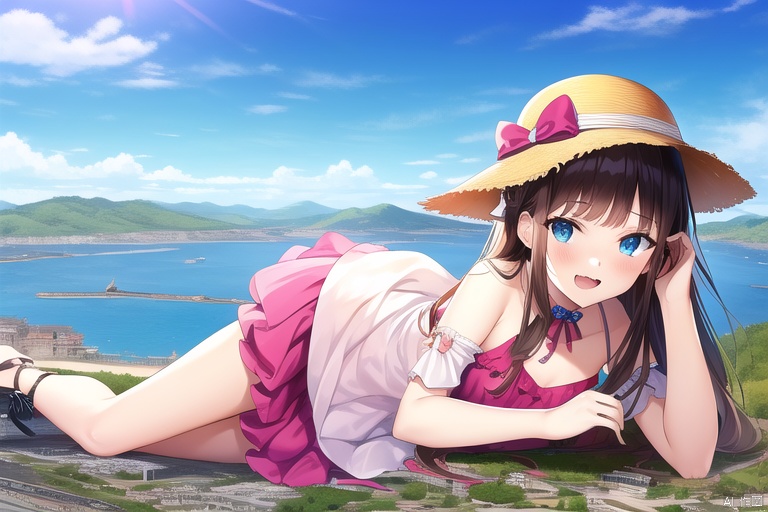 extremely detailed CG unity 8k wallpaper), (masterpiece), (best quality), (ultra-detailed), (best illustration), (best shadow), (sharp eyeliner, eyeshadow, detailed eyes:1.2), 1girl, solo, sea, lying, perfect hands, nice hands, perfect anatomy, (((detailed face))), looking at viewer, (((loli))), medium chest, red hair, long hair, blunt bangs, blue eyes, bare legs, thick thighs, pink dress, open mouth, fang, frilled dress, day, sunlight, eyewear on head, light smile, cloud, panama hat, (((GTS))), (((gigaGTS))), (((giantess))), aerial view, mountainscape, landscape,GTS,giantess, tall female,upper body:1.7, little buildings, little city