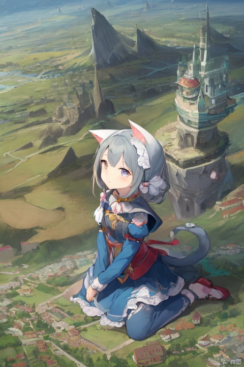  1girl，cat girl，wariza，loli,((((wariza:1.6)))),day,mountain:1.3,little city:1.4,continent, little city,looming,full body ,extremely large